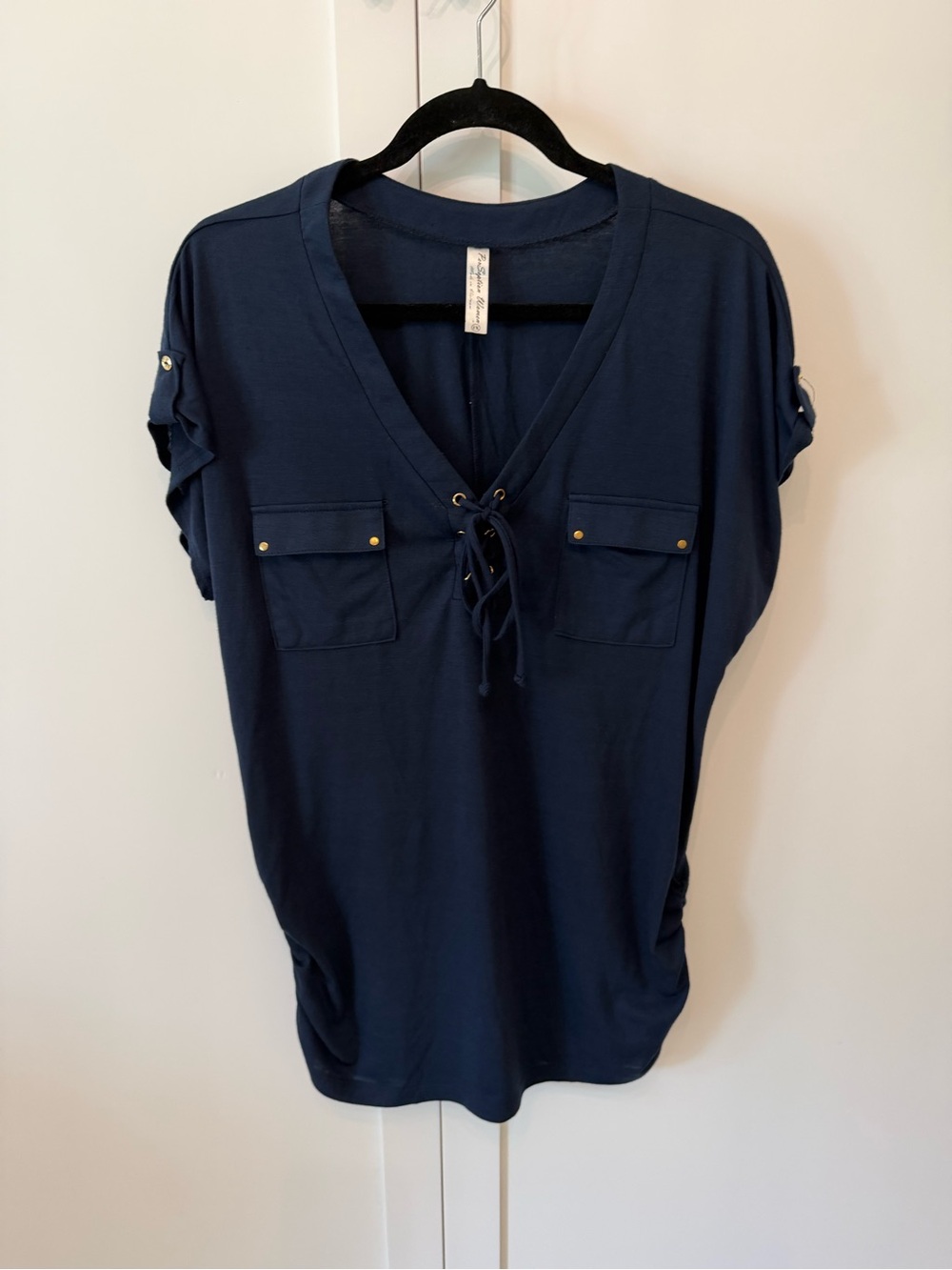 Perseption Navy Lace-Up V-Neck Tunic Top